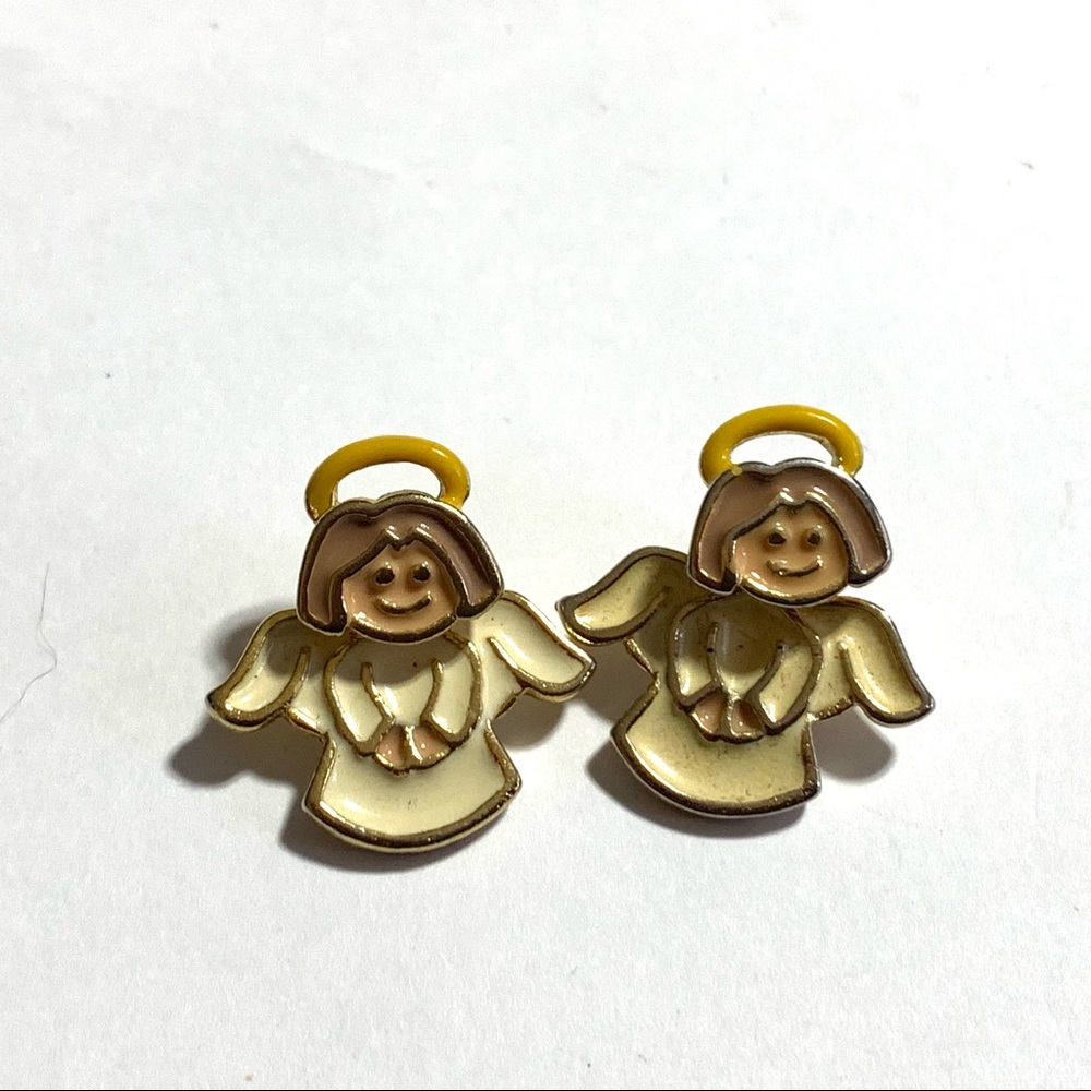 AIM Sweet Angel Earrings Two Part Stud Front Back Enamel Inlay Metal Border